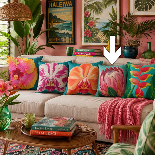 Coussin Peinture de fleur de protea tropicale sarcelle (Créateur téléchargé)