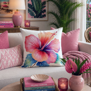 Coussin Peinture de fleur d'hibiscus à l'aquarelle rose