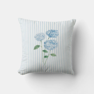 Coussin Peinture de Fleur d'Hortensia Bleu à Rayure Bleue