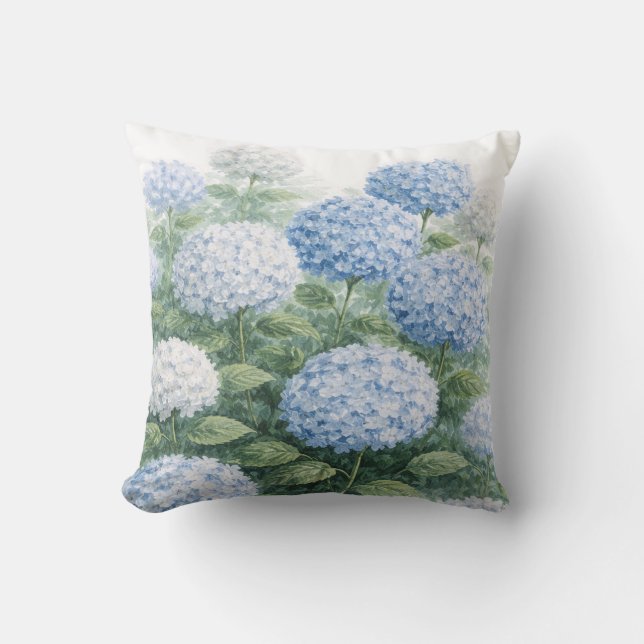 Coussin Peinture de Fleur d'Hortensia Bleu Rayure Bleue (Recto)