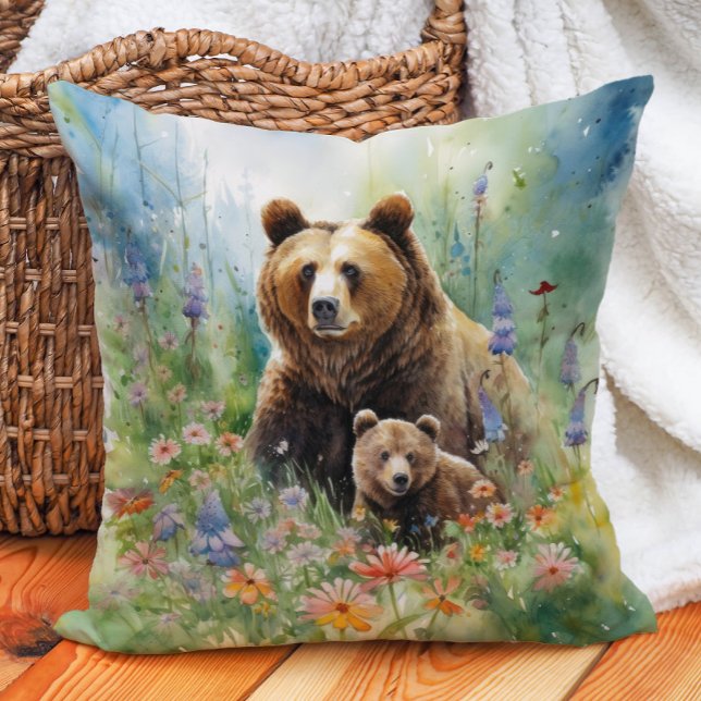 Coussin Peinture de fleurs de ourson grizzly mère (Mother grizzly bear and cub painting pillow)
