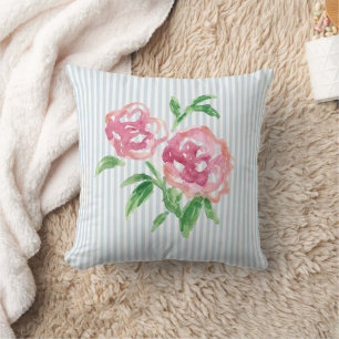 Coussin Peinture de fleurs de pivoines roses à rayure bleu