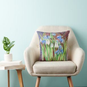 Coussin Peinture de fleurs de printemps bleu de la Sibérie