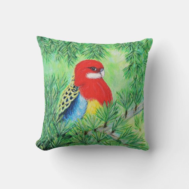 Coussin Peinture de Perruche Rosella Rouge (Recto)