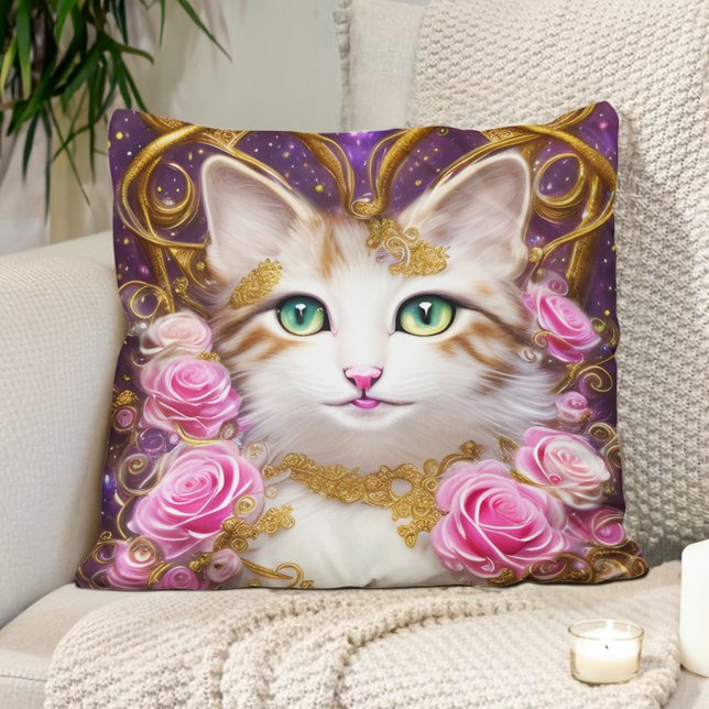 Coussin Peinture de roses roses or chat (Cute cat, pink roses, gold, and purple pillow)