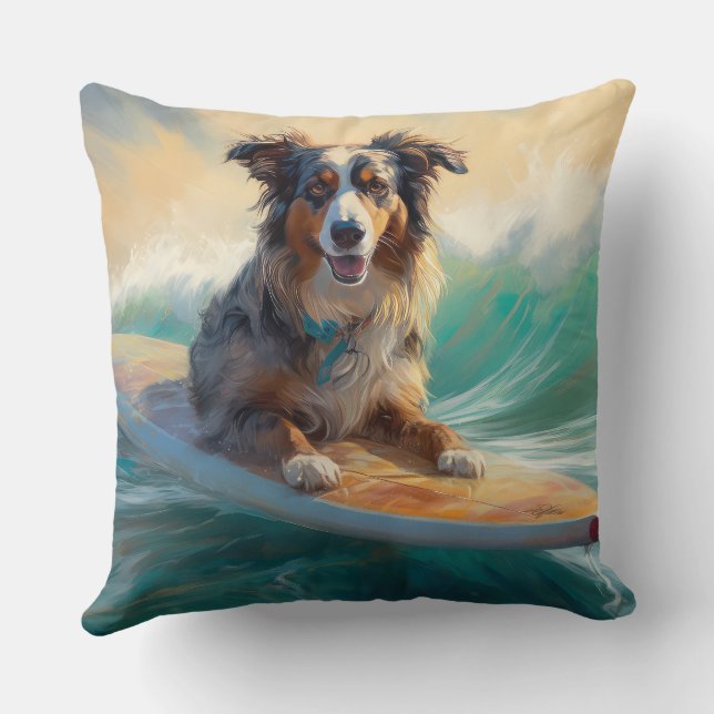 Coussin Peinture de surf de plage de berger australien (Verso)