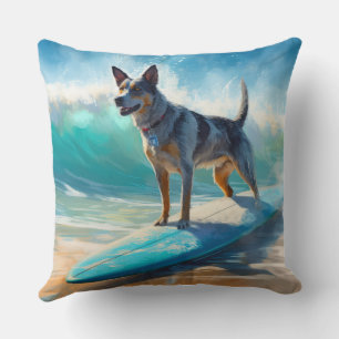 Coussin Peinture de Surf sur la Plage au Blue Heeler