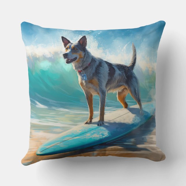 Coussin Peinture de Surf sur la Plage au Blue Heeler (Verso)