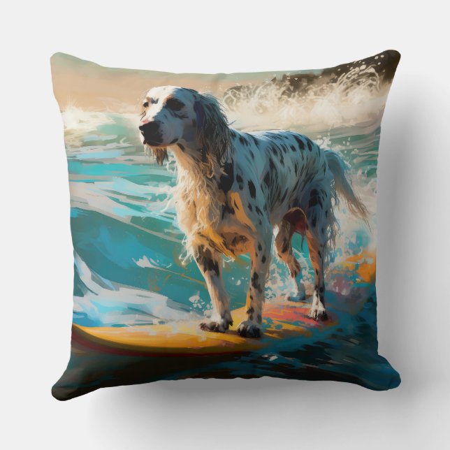 Coussin Peinture de surf sur la plage de Setter anglais (Verso)