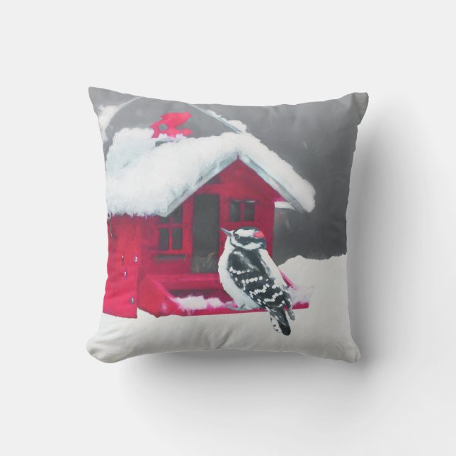 Coussin Peinture Downy Woodpecker - Art original pour oise (Recto)