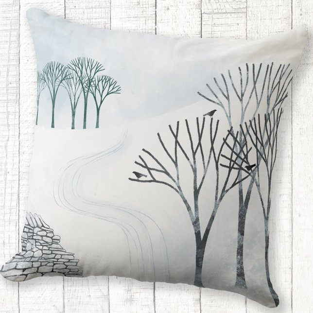 Coussin Peinture du paysage de neige en hiver (More Snow to Come winter landscape painting art throw pillow)