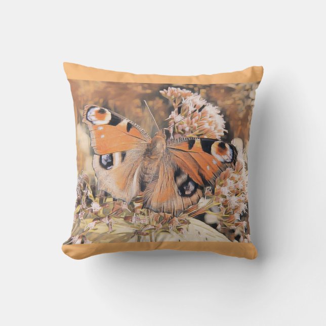 Coussin Peinture d'un papillon orange sur fleurs (Recto)