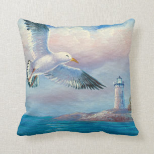 Coussin Peinture d'une mouette volant près d'un phare
