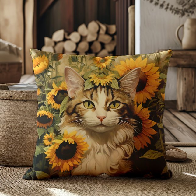 Coussin Peinture florale de tournesols à l'aquarelle de ch (Cat and sunflowers decorator pillow)
