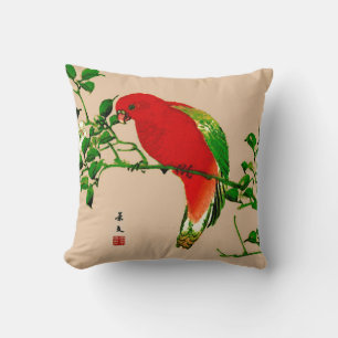 Coussin Peinture japonaise vintage d'un perroquet, rouge e