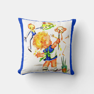Coussin peinture mignonne de petite fille sur le mur