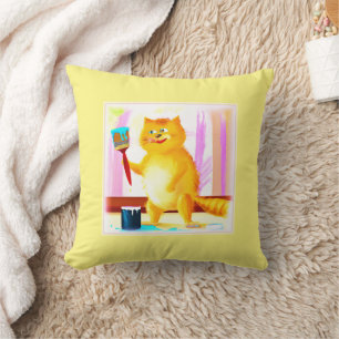 Coussin Peinture Mignonne D'Un Chat Tenant Une Brosse. Com
