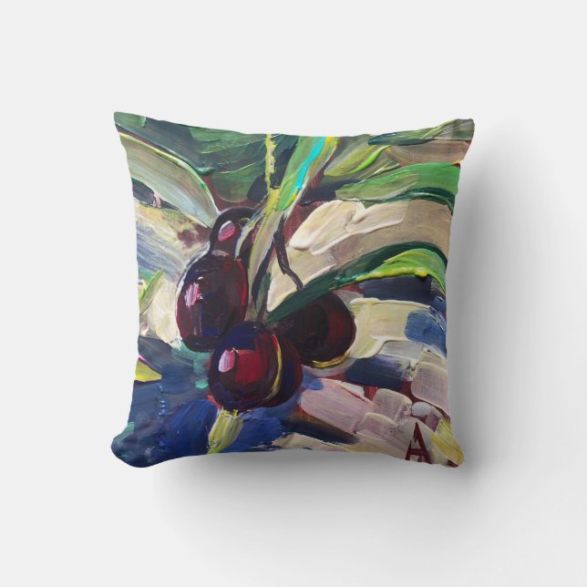 Coussin peinture moderne, olives sur branche (Recto)