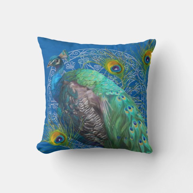 Coussin Peinture moderne Peacock Plumes de queue Royal Blu (Recto)