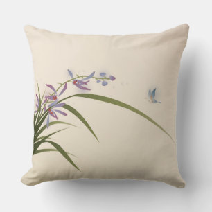 Coussin peinture orientale, orchidée et papillon