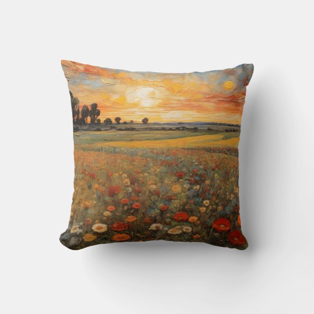 Coussin Peinture Paysage Coucher de soleil Champ #3 (Recto)