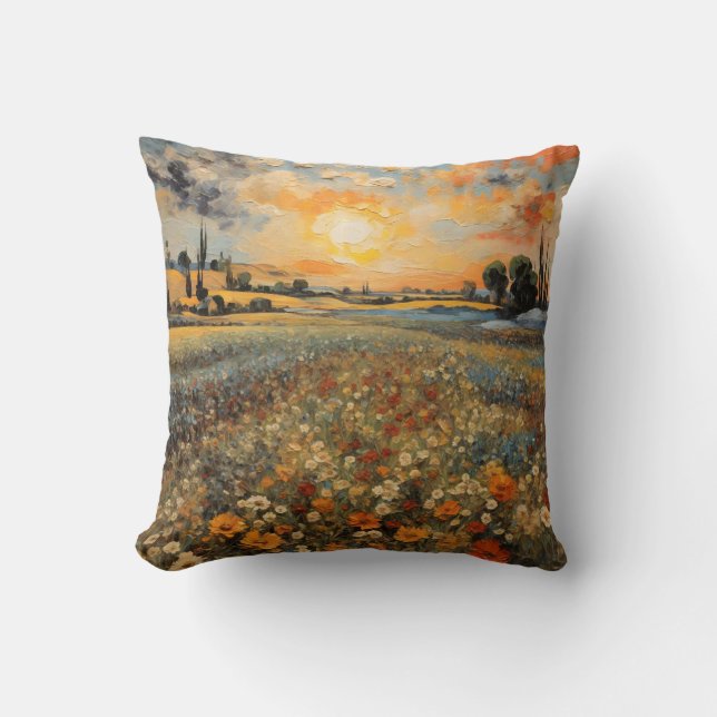 Coussin Peinture Paysage Coucher de soleil Champ de fleurs (Recto)