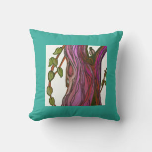 Coussin Peinture tropicale bleu-vert d'arbre et d'oiseau