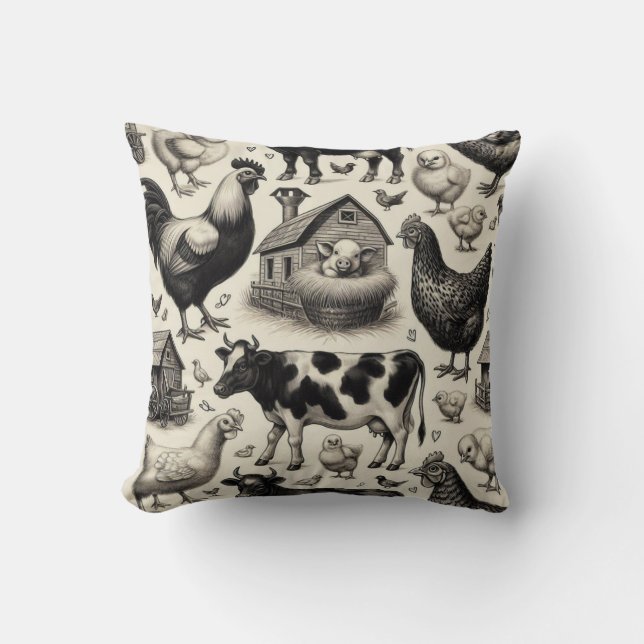 Coussin Peinture vintage d'animaux de ferme (Recto)