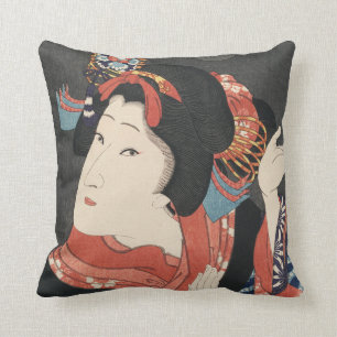 Coussin Peinture vintage de femme japonaise colorée