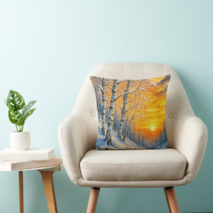 Coussin Peintures à l'aquarelle de bouleaux en hiver