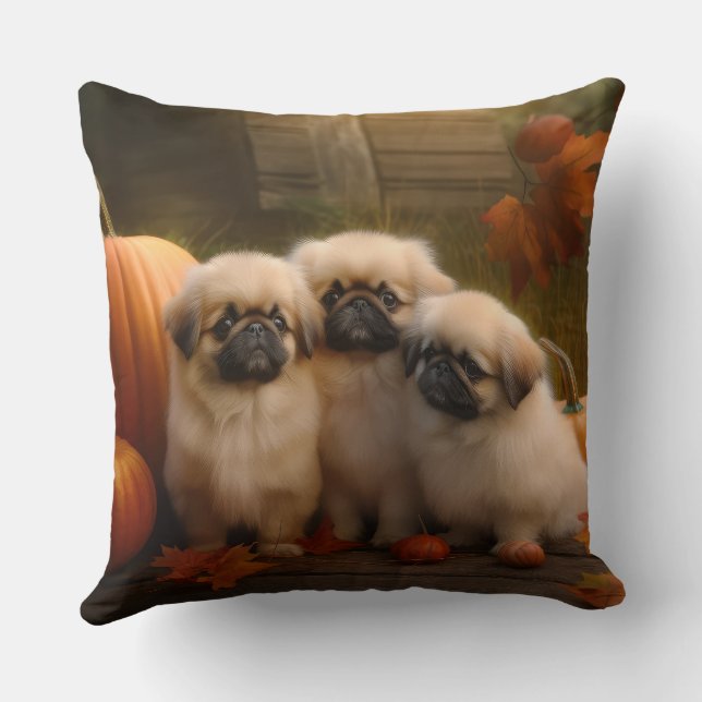 Coussin Pekingese Chiot Automne Citrouille délice (Verso)