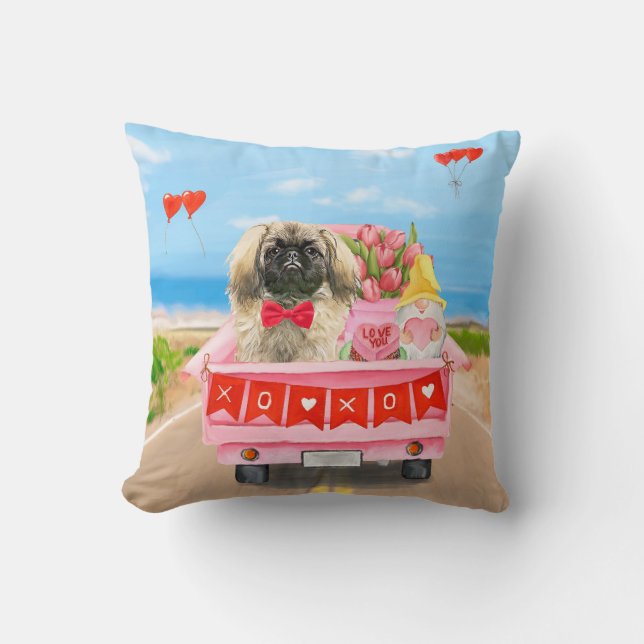Coussin Pékinois Jour de la Saint-Valentin Camion Cœurs (Recto)