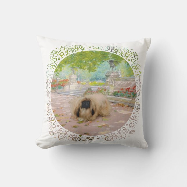 Coussin Pékinois miel dans un cadre floral (Recto)