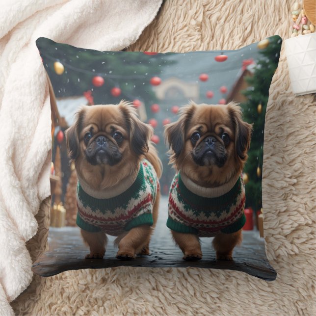 Coussin Pékinois Noël Neige Vacances (Couverture)