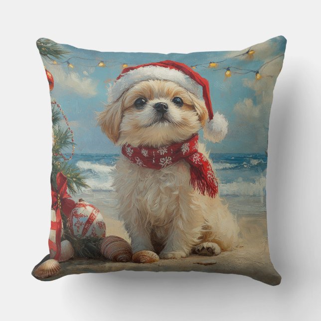 Coussin Pékinois Noël Vintage Plage (Recto)