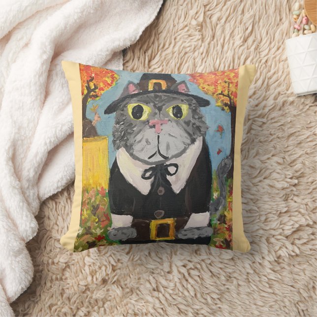 Coussin Pèlerin Folk Art Thanksgiving Chats Double Côté (Couverture)
