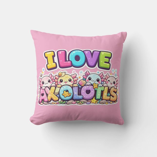 Coussin Peluche Kawaii J'adore Les Axolotls (Recto)