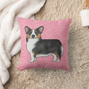 Coussin Pembroke Welsh Corgi Tricolore Noir Cœurs Roses