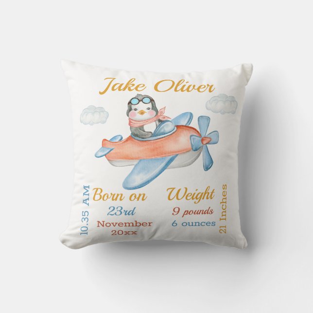 Coussin Penguin avion Blue Baby Boy Statistiques (Recto)