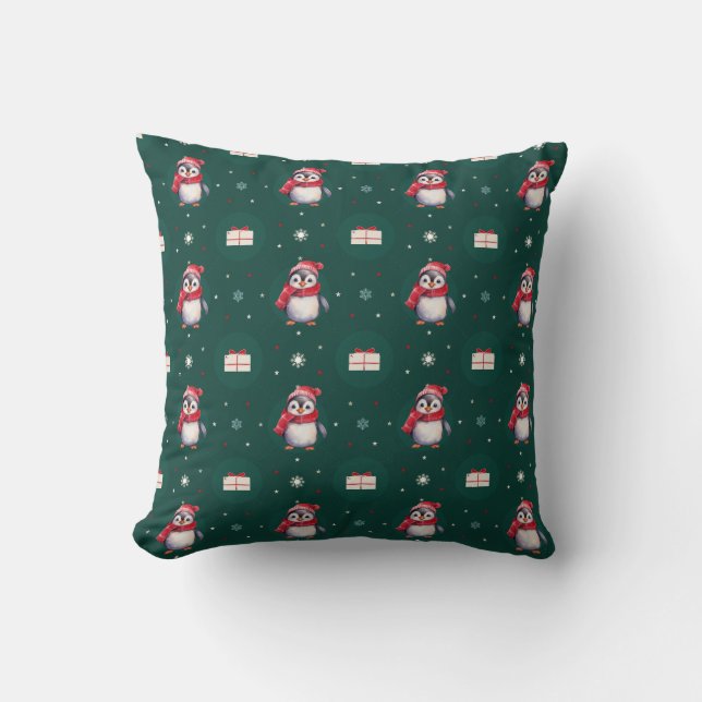 Coussin Penguin Père Noël Green Joyeux Joyeux motif de Noë (Recto)