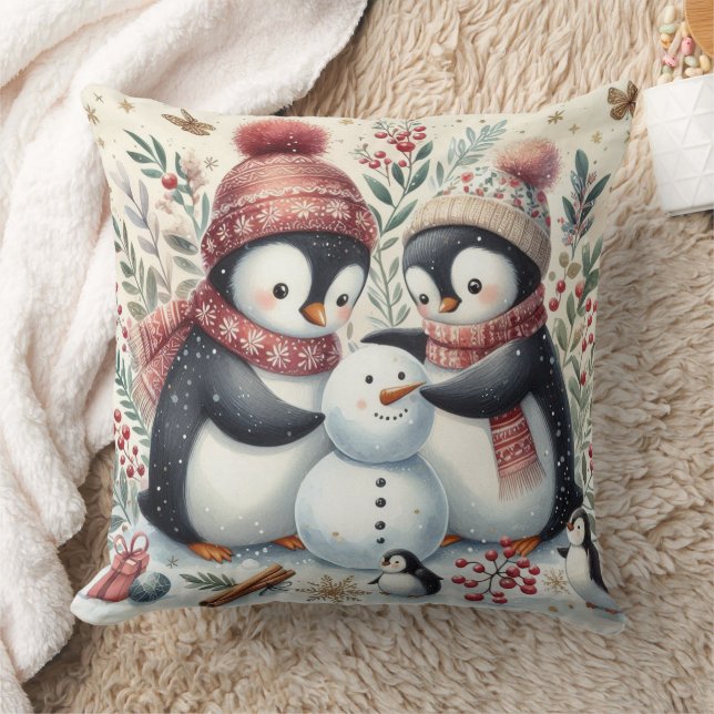 Coussin Penguins Construisant Un Snowman (Couverture)