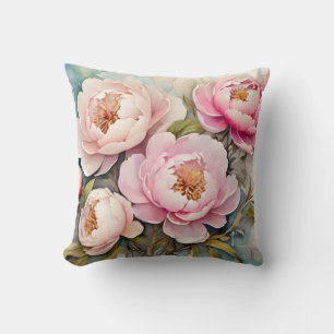 Coussin Peonies Fleurs Pastel Aquarelle Printemps