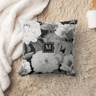 Coussin Peonies noires et blanches Aquarelle Monogramme fl