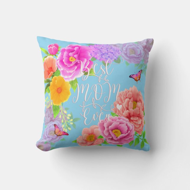 Coussin Peonies romantiques Jardin Bleu Meilleure maman (Recto)