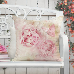 Coussin Peonies roses et papillon