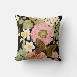 Coussin Peonies Roses vintages : Motif Floral Noir