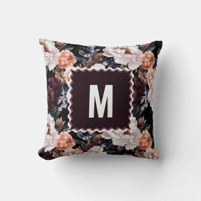 Coussin Peonies sombres Motif floral | Monogramme (Recto)