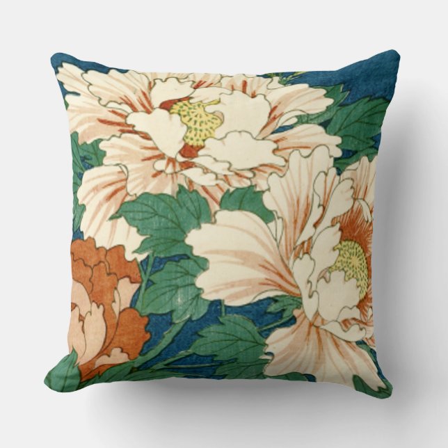Coussin Peonies vintages sur Bleu (Recto)