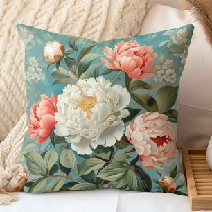 Coussin Peonies Vintages turquoises et coralliennes