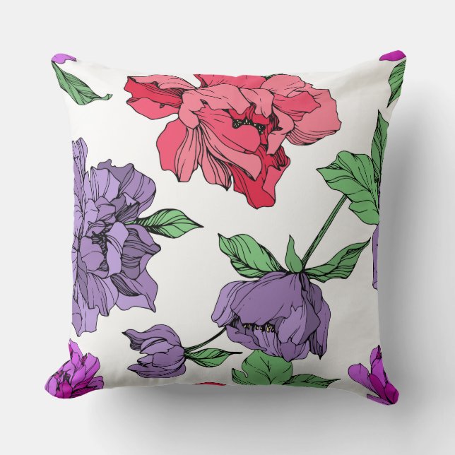 Coussin Peonis floral isolé rose, violet (Recto)